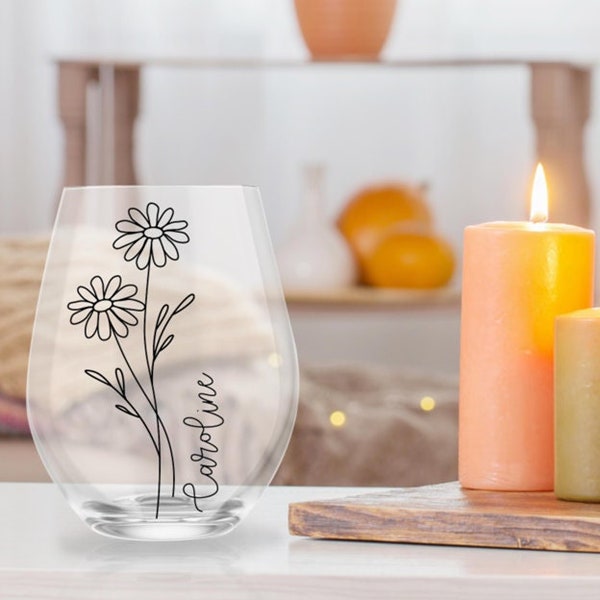 Stemless Wine Glass with Custom Birth Flower and Name - Birthday Wine Glass - Bridal Party Gift - Gift for Grandma