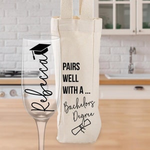 Custom Graduation Champagne Flute & Tote Bag - Master's Degree Gift - Bachelor's Degree - PHD Graduation Gift - Wine Gift Bag