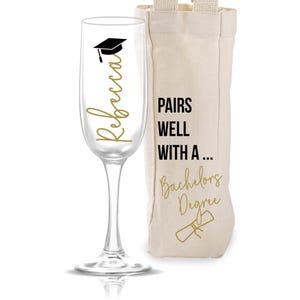 Personalized Graduation Champagne Flute: Custom Name & Degree, Optional Tote