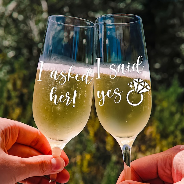 Proposal Champagne Flutes - He Asked and She Said Yes - Keepsake Engagement Glass Set - Couple Gifts for Engagement