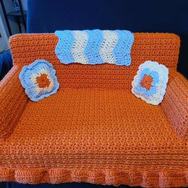 Fun Cat, Dog, or Pet Bed Shaped As a Couch with Pillow and Blanket Accents