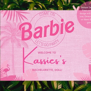 Barbie Themed Party Welcome Sign - Come On Barbie Let&#39;s Go Party Personalized Hot Pink & Glitter - Customized Party Welcome Decor Sign