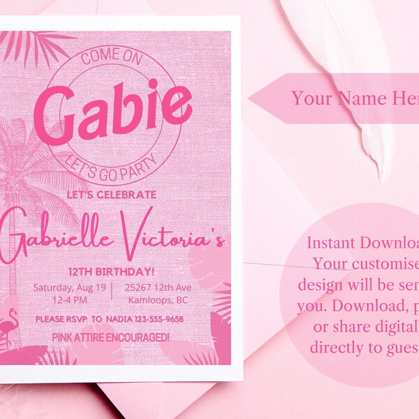 Barbie Themed Party Invitation - Customized for (NAME) - Hot Pink Glitter Invite