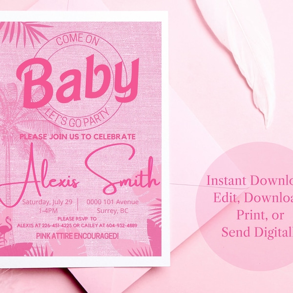 Barbie Baby Shower Invitation - Editable 'Come On Baby Let's Go Party' Theme in Hot Pink & Glitter - Instant Download