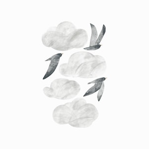 May include: A digital illustration of four grey clouds and three black birds flying against a white background.