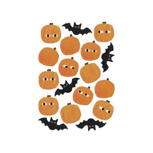 May include: A Halloween-themed illustration with orange pumpkins and black bat silhouettes. The pumpkins have googly eyes, and the bats are in flight. The design is arranged on a white background, creating a playful and festive atmosphere.