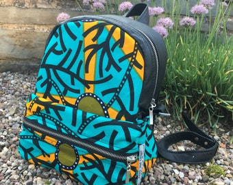 Upcycled leather and African waxed cotton print fabric mini rucksack