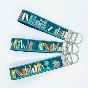 Bookshelf Themed Key Fob - Wristlet Key Fob - Key Fob Wristlet Keychain- Wrist Lanyard - Wristlet Key Landyard Strap - Book Keychain