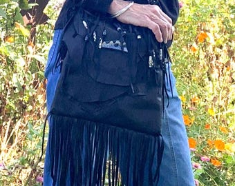 Handmade Black Deerskin Leather Shoulder Bag | Black Fringe Purse | Made in Texas