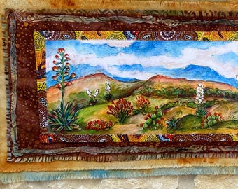 Southwest Desert Landscape Fiber Art Wall Hanging | Original Mixed Media Textile Art | Hand-Painted Desert Scene | One-of-a-kind Wall Decor