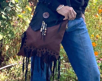 Handmade Deerskin Leather Purse | Artisan  Purse | Boho Shoulder Bag with Natural Beads | Made in Texas