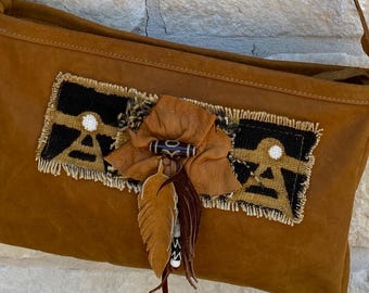 Unique Leather Crossbody Bag with African Mud Cloth | Boho Shoulder Bag Made in Texas