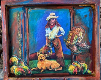 Western art on wooden cigar box, Cowgirls, Texas art, Mixed media, Texas Longhorn, Texas Art, Vintage Texas, cowboy boots