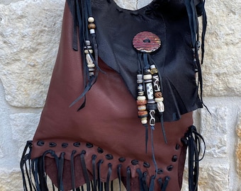 Hand Laced Deerskin Leather Purse, Fringe Boho Shoulder Bag with Earth Tone Beads, Western Artisan Handbag, Luxury Texas Crafted