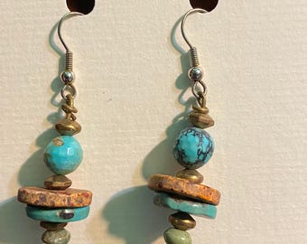 Turquoise & natural stone dangle earrings, Boho Jewelry, Western Jewelry