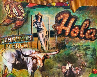 Texas, Mixed Media, Cowgirls, Bandera, Western art, Texas art, Mixed media, Texas Longhorn, Texas Art, Vintage Texas, cowboy boots, cows