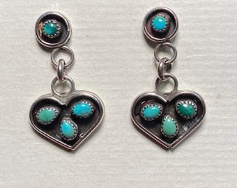 Vintage 70's Navajo Sterling Silver Turquoise Cluster Heart Earrings, Native American jewelry, Southwestern Gift