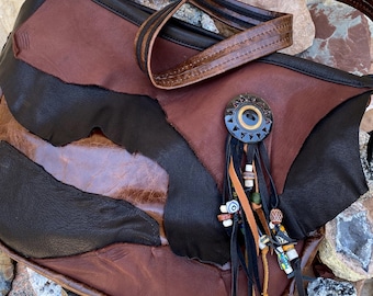 Leather  Artisan  Purse | Boho Shoulder Bag with Natural Beads | Made in Texas