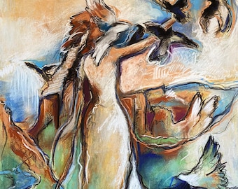 Goddess Woman with birds mystical fine art print