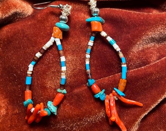 Southwestern Turquoise & Coral Dangle Earrings, Boho Native Inspired Jewelry, Western Jewelry