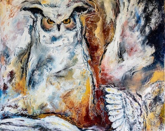 Snow Owl Art Print, Mixed Media Bird Painting
