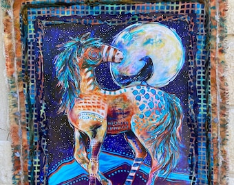 Moon Spirit Horse — Original Mixed Media Textile Art, Boho Western Wall Hanging, Native-Inspired Painted Horse Artwork