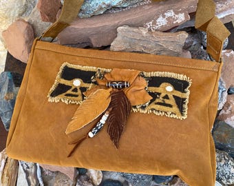 Handmade Leather Crossbody Purse with African Mud Cloth | Boho Leather Shoulder Bag | Made in Texas