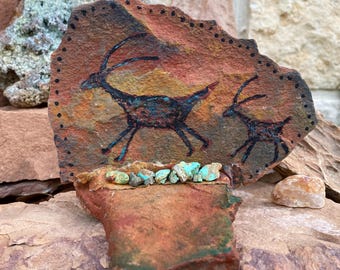 Ancient Anasazi Puebloan Inspired with Genuine Turquoise Sandstone Rock Sculpture  | Original Southwest Decor