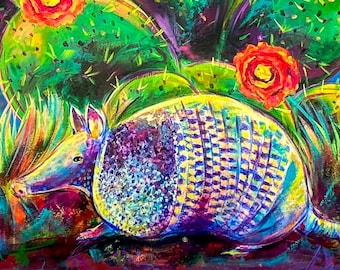 Texas Armadillo and Cactus painting