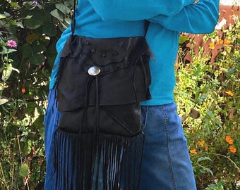 Black deerskin leather fringed crossbody handbag