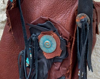 Leather Deerskin Crossbody Bag | One-of-a-Kind Artisan Purse | Turquoise & Natural Beads | Western Boho Bag