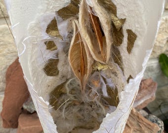 Handmade Paper Sculpture with Milk Thistle Pods | Natural Botanical Art | Rustic Nature-Inspired Decor | One-of-a-Kind Art