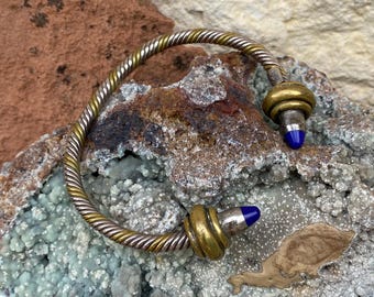 Vintage Taxco Mexico 925 Sterling Silver & Brass Twisted Cable Cuff Bracelet with Blue Lapis Lazuli Bullet Tips