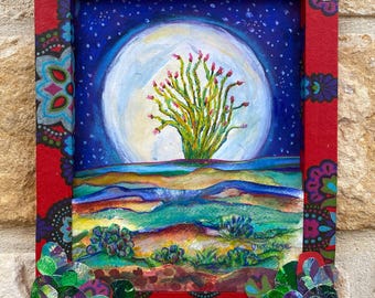 Moonlit Ocotillo Cactus Desert full moon night sky art
