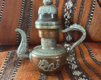 Vintage Tibetan Copper & White Metal Teapot, Dragon Motif, Ornate Asian Tea Pot, Himalayan Decor, Boho Collectible