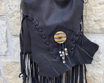Black deerskin cross body leather fringed handbag