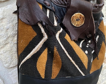 One-of-a-kind Leather Tote Bag, Southwestern Boho purse,  African Mud cloth, Western Crossbody, Unique Textile Handbag