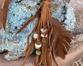 Purse Charm | Southwestern Deerskin Leather Bag Charm | Boho Fringe & Feather Charm | Rustic Western Accessory