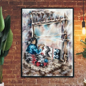Navajo Woman Weaving Rug Pastel Painting