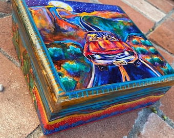 Wood Cigar Box , Dogs roadtrip art vintage car