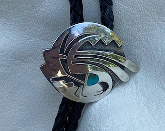 Vintage Native American Bolo Tie, Sterling Silver & Turquoise, Southwestern Western Jewelry, Vintage Men's Accessory