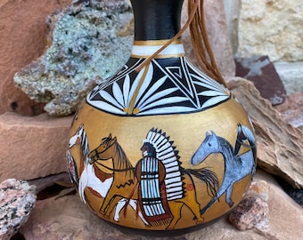 Hand Painted Native American Gourd Art | One-of-a-Kind Southwest Decor | Horse & Warrior Gourd