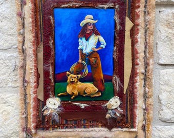 Cowgirl & Her Dog — Original Mixed-Media Western Wall Art