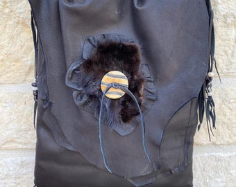 Black deerskin leather fringed handbag