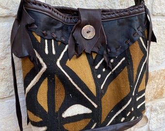 Deerskin leather, African Mudcloth. tote, handbag, purse