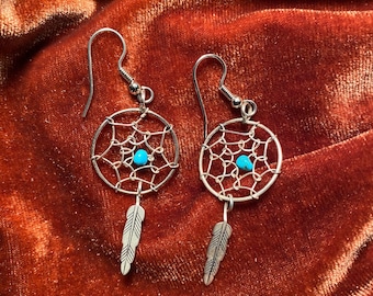 70's Vintage Native Sterling Silver & Genuine Turquoise Dreamcatcher Dangle Earrings, Southwestern Jewelry