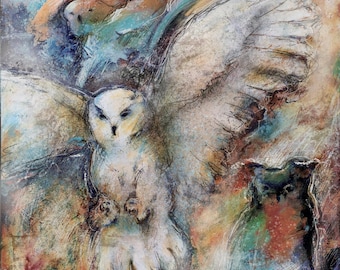 White Owl Abstract Owls mixed media fine art  print