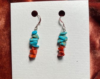 Turquoise and Red Coral Earrings, Southwestern Boho Jewelry