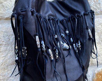 Fringed Black Deerskin Leather Shoulder Bag | Designer Purse | Made in Texas