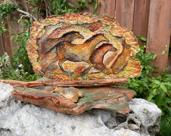Ancient Horses mixed media painting on handmade paper and sandstone